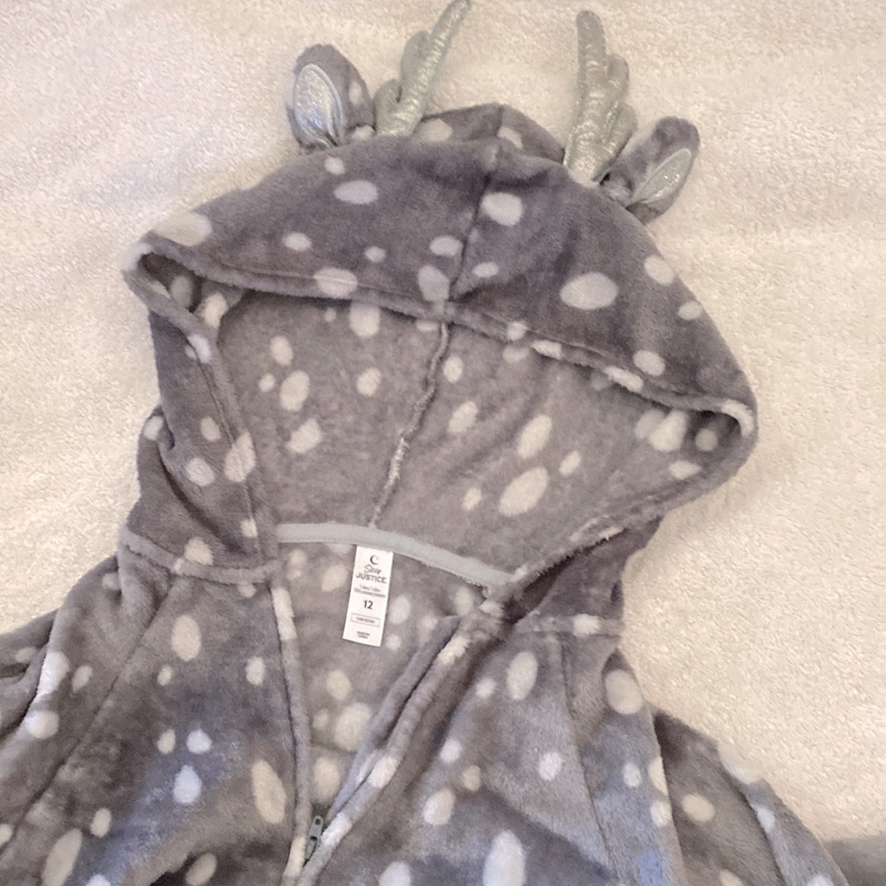 Sleep justice Plush zip-front reindeer hooded Footless Pajamas girls size 12